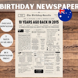Placa de festa de 10º aniversário, Jornal de 10º aniversário AUSTRÁLIA, Presentes de aniversário de 2015, 10 anos atrás em 2015, Aniversário da Austrália