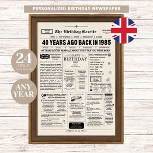 40th Birthday Newspaper Sign 1985 UK, 40th Birthday Gift for Men or Women, Back in 1985, 40th Birthday Decorations, Instant Download