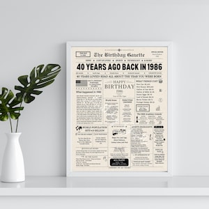 Enseigne de journal pour 40e anniversaire 1986, cadeau de 40e anniversaire pour homme ou femme, retour en 1986, décorations de 40e anniversaire, téléchargement immédiat image 7