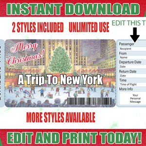 Bilhete de embarque de Natal em Nova York, revelação de viagem de passagem aérea para impressão, ingressos para impressão, bilhete de embarque surpresa em Nova York