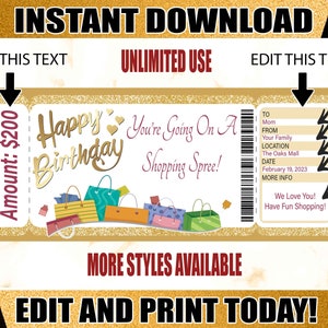 Shopping Spree Gift  Voucher Ticket Birthday   Printable Certificate  Editable Gift Certificate  Printable Tickets Shopping Spree