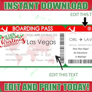 Bilhete de embarque de Natal, revelação de viagem de passagem aérea para impressão, ingressos para impressão, bilhete de embarque surpresa