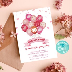 May include: Pink and gold birthday invitation with a watercolor illustration of balloons and the text "MARISSA SMITH is turning ten years old!"