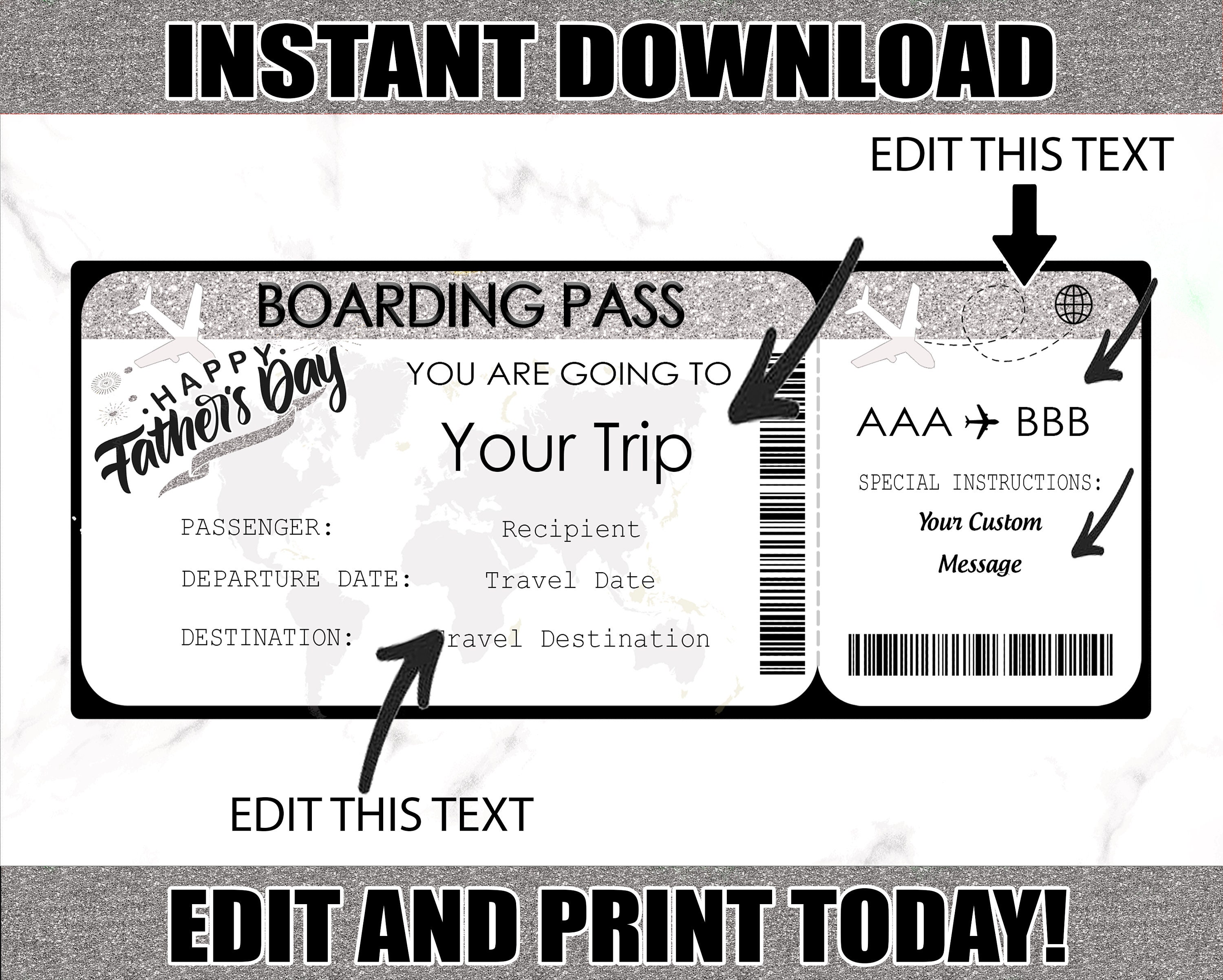 Instapkaart Ticket Vaderdag, Vliegtuigticket Afdrukbare instapkaart, Vaderdag Instapkaart voor luchtvaartmaatschappij Afdrukbare tickets