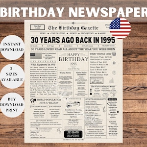 30th Birthday Newspaper Sign, 30th Birthday Decorations, 30th Birthday Gift for Him or Her, Back in 1995 Sign, Birth Year Gifts