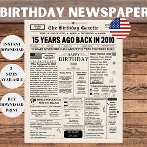 Letrero de periódico para el 15.º cumpleaños, regalo para el 15.º cumpleaños de los niños, qué sucedió en 2010, póster de hace 15 años en 2010, descarga instantánea