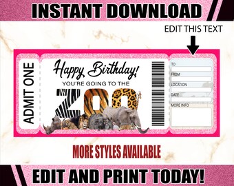 Ticket To The Zoo Birthday Gift, Happy Birthday Ticket, Gift For Animal Lover, Zoo Trip Reveal Ticket, Editable Ticket Template