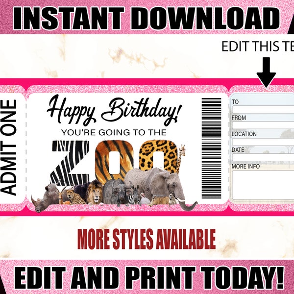 Ticket To The Zoo Birthday Gift, Happy Birthday Ticket, Gift For Animal Lover, Zoo Trip Reveal Ticket, Editable Ticket Template