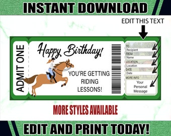 Peut inclure: Un billet imprimable vert avec le texte "Joyeux anniversaire !" et une illustration d'une personne à cheval. Le billet indique "Vous recevez des cours d'équitation !" et comporte une section de personnalisation avec le texte "À", "De", "Lieu", "Date" et "Plus d'infos".