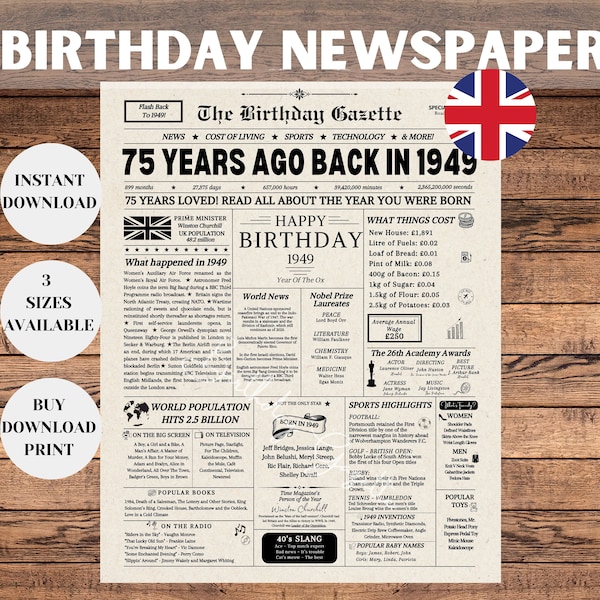 75th Birthday Newspaper Poster Sign UK, 75th Birthday Gift for Men or Women, 1949 Birthday, 75 Years Ago Back in 1949, England Newspaper