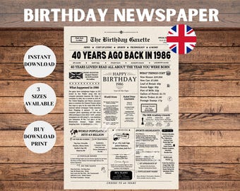 40th Birthday Newspaper Sign 1986 UK, 40th Birthday Gift for Men or Women, Back in 1986, 40th Birthday Decorations, Instant Download