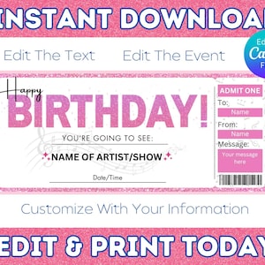 Geburtstags-Konzertkarte, druckbare Konzertkarte, bearbeitbare Konzertkarte, druckbare Tickets, ÜberraschungsKonzertkarte, Laden Sie die Drucke noch heute herunter