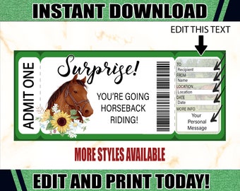 Horseback Riding Gift Certificate Ticket - Printable Surprise Ticket For Horseback Riding, Downloadable Editable