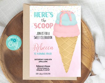 May include: Pink and blue ice cream cone birthday party invitation with sprinkles and the text "Here's the Scoop" and "Rebecca is turning four".