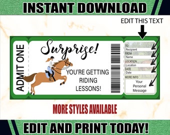 Peut inclure: Un billet imprimable vert et blanc avec une illustration de cheval et de cavalier. Le billet dit "Surprise ! Vous recevez des cours d'équitation !" et a de l'espace pour ajouter un destinataire, un lieu, une date et un message personnel.