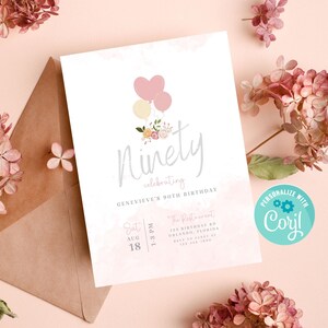 May include: Pink and white birthday invitation with a watercolor background. The invitation says "Ninety celebrating Genevieve's 30th Birthday" with a date and time of August 18th at 1:30 PM. The invitation also includes a graphic of pink and white balloons with flowers.