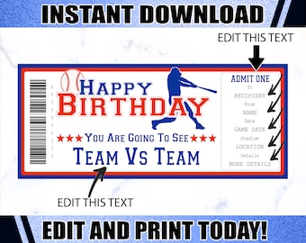 Baseball Game Ticket, Birthday Baseball  Ticket, Printable Baseball Ticket, Editable Surprise Ticket, Gift For Baseball Lover