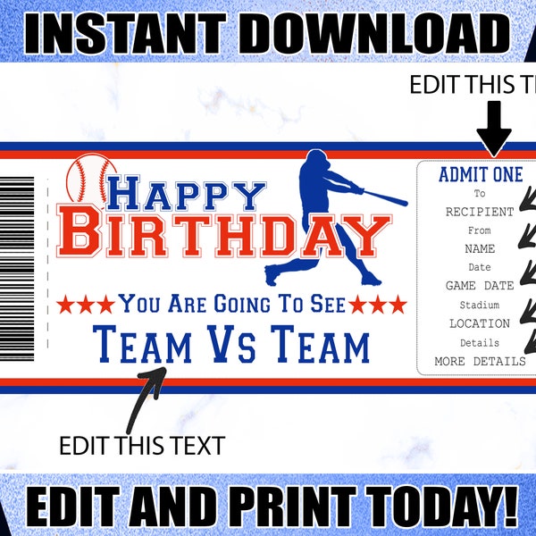 Billet de jeu de baseball, billet de baseball d'anniversaire, billet de baseball imprimable, billet surprise modifiable, cadeau pour amateur de baseball