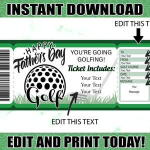 Golf Ticket Vatertag Golf druckbares Zertifikat Bearbeitbares Golf Geschenk druckbare Tickets. Golf Geschenk zum Vatertag