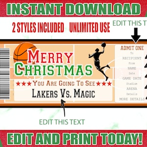 Weihnachten Basketball Game Ticket, Surprise Basketball Ticket, druckbare Basketballkarte, bearbeitbare Basketballkarte