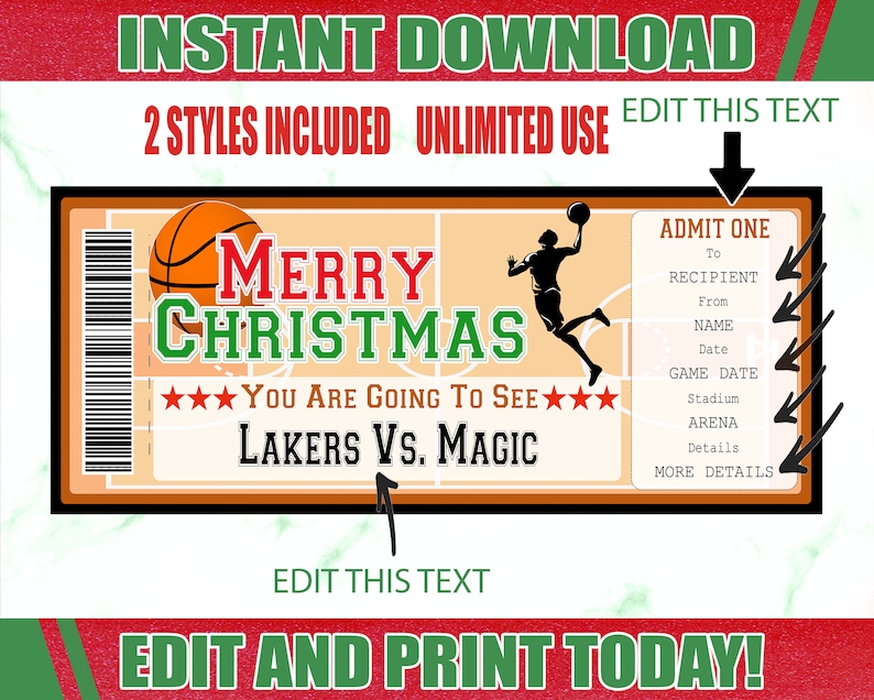 Christmas Basketball Game Ticket Surprise Basketball Ticket Etsy