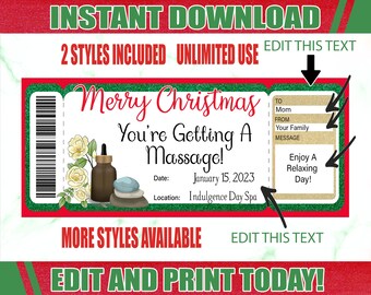 Christmas Massage Gift Ticket  Massage Printable Certificate  Editable Massage Gift Certificate  Printable Tickets  Massage Voucher