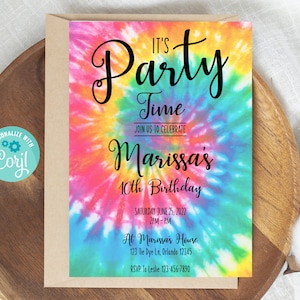 Może przedstawiać: Kolorowe zaproszenie na przyjęcie urodzinowe z okazji 10. urodzin. Zaproszenie zawiera tekst "It's Party Time" i "Join us to celebrate Marissa's 10th Birthday". Zaproszenie zawiera r&oacute;wnież datę, godzinę i miejsce przyjęcia.