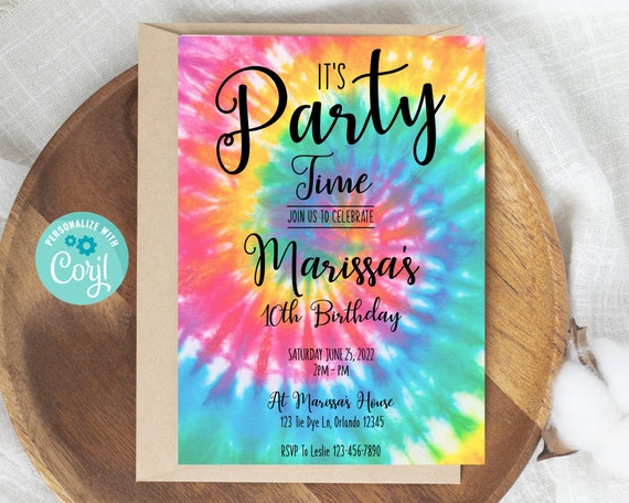Tie Dye Party Invitation, Instant Download, Rainbow Tie Dye Birthday Invitations, Editable Invitations Template, Summer Party