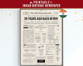 Back in 1991 India 35th Birthday Newspaper Poster, 1991 Birth Year Facts & Highlights, Indian Edition, Instant Download