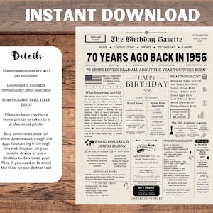 70e verjaardag krant posterbord, 70e verjaardagscadeau voor mannen of vrouwen, 1956 verjaardag, 70 jaar geleden terug in 1956 afbeelding 3