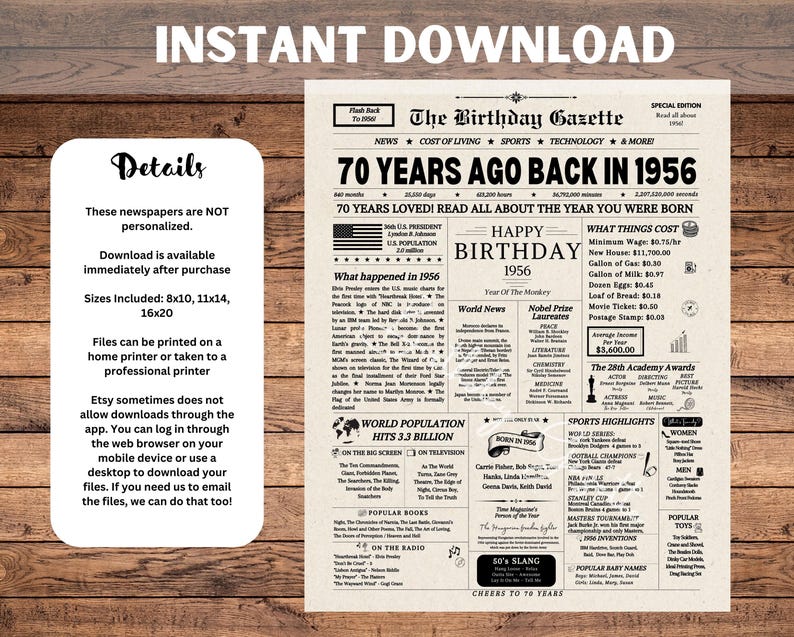 70e verjaardag krant posterbord, 70e verjaardagscadeau voor mannen of vrouwen, 1956 verjaardag, 70 jaar geleden terug in 1956 afbeelding 3