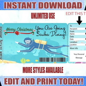 Scuba Diving Christmas Gift Ticket Template,  Scuba Diving Printable Certificate, Diving Lover Gifts, Editable Ticket Template
