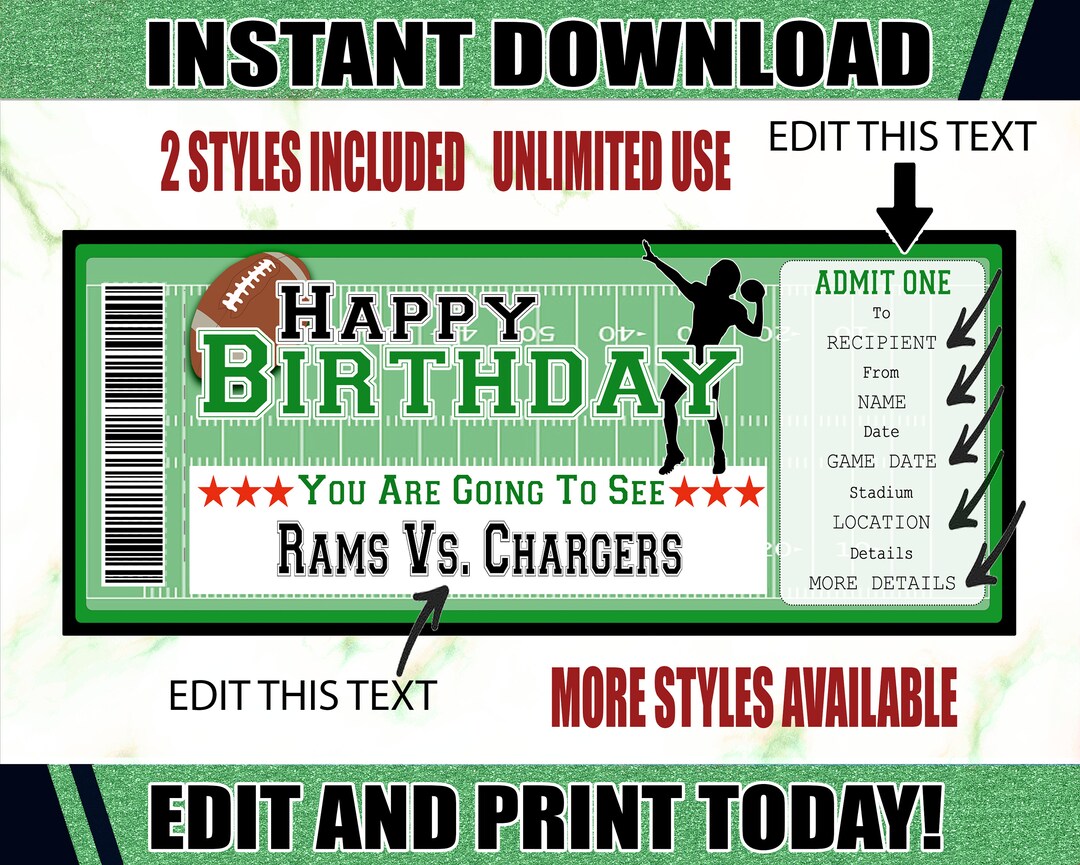 Football Game Ticket, Birthday Football Ticket, Printable Football ...