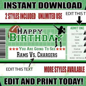 May include: A printable birthday ticket with a football theme. The ticket is green and white and says "Happy Birthday" and "You are going to see Rams vs. Chargers".