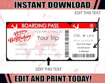 Bearbeitbare Bordkarte Vorlage, gefälschtes Flugticket, Reise Geschenk, Überraschung Geburtstag Flugzeug Flug, Flugticket SOFORTIGER DOWNLOAD