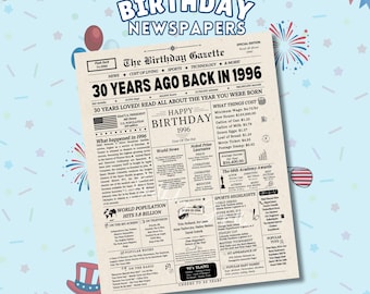 30th Birthday Newspaper Sign, Easy Printable Birthday Gifts, 30th Birthday Gift for Men or Women, Back in 1996, Instant Download
