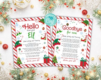 May include: Two printable Christmas elf letters with red and white candy cane stripes. The first letter says "Hello from your Elf" and the second letter says "Goodbye for now". Both letters have a poem for children.