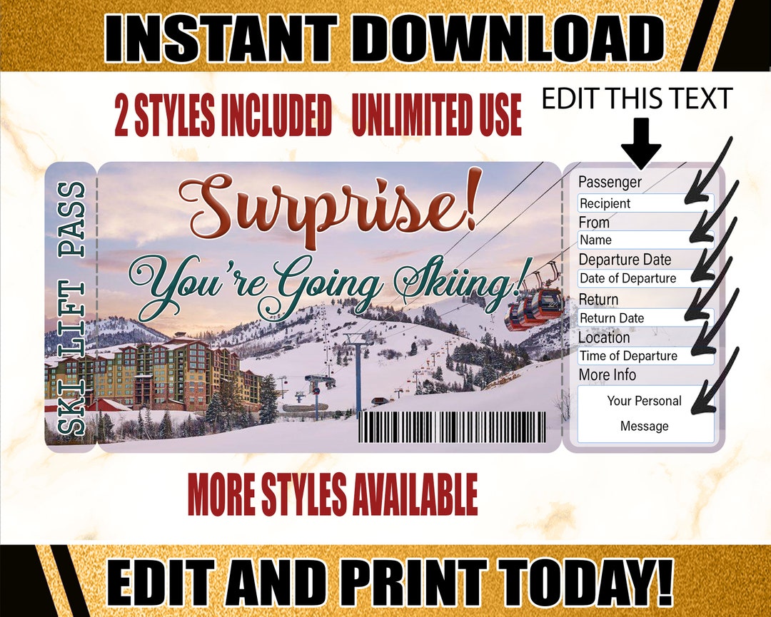 Skiing Pass Ticket, Printable Skiing Ticket Ski Trip Reveal, Printable ...