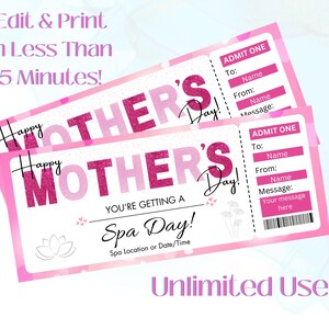 Mother's Day Gift Ideas, Gift for Mom, Mother's Day Gift Ticket, Spa Day Ticket , Printable Gift ...