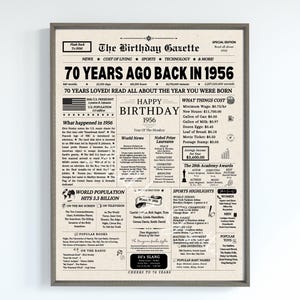 70e verjaardag krant posterbord, 70e verjaardagscadeau voor mannen of vrouwen, 1956 verjaardag, 70 jaar geleden terug in 1956 afbeelding 2