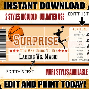 Basketball-Spielticket, Überraschungs-Basketballticket, druckbares Basketballticket, bearbeitbares Basketballticket