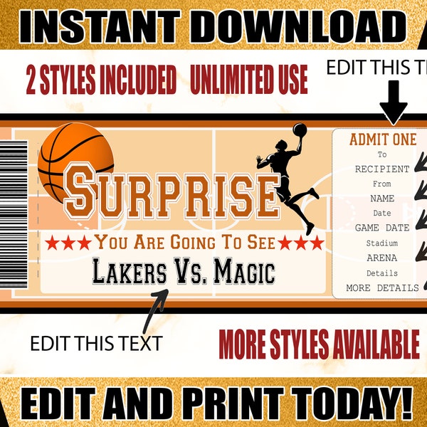 Basketball Game Ticket , Surprise  Basketball Ticket , Printable Basketball Ticket , Editable Basketball Ticket