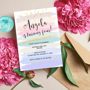 Pode incluir: Um convite de anivers&aacute;rio em tons pastel com detalhes de glitter dourado. O convite diz "Angela est&aacute; fazendo quatro anos!" e inclui os detalhes da festa, como a data, a hora e o local.
