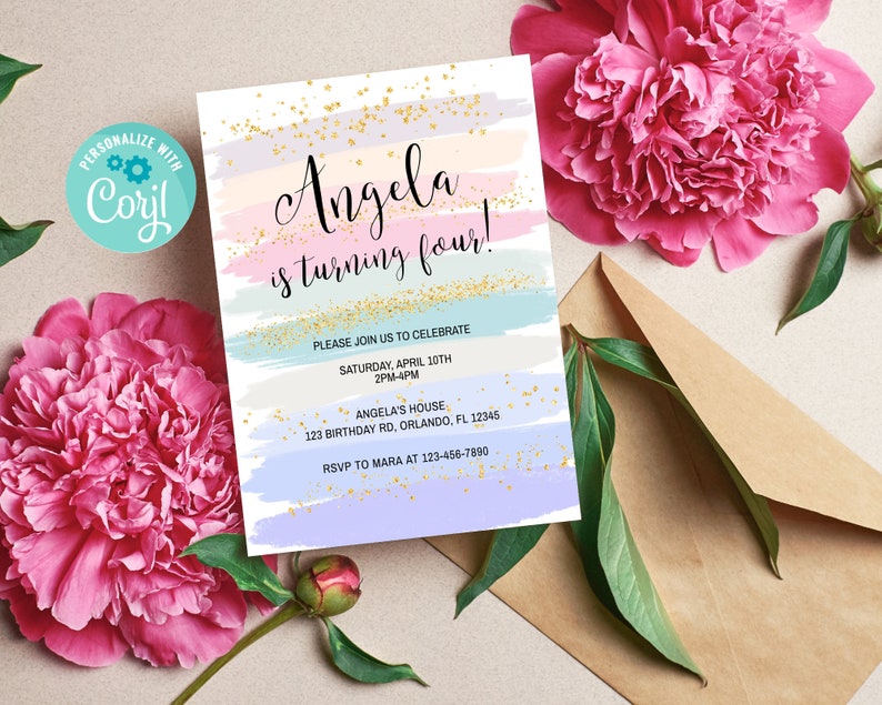 Pode incluir: Um convite de anivers&aacute;rio em tons pastel com detalhes de glitter dourado. O convite diz "Angela est&aacute; fazendo quatro anos!" e inclui os detalhes da festa, como a data, a hora e o local.