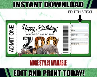 Zoo Printable Ticket. Birthday Zoo Ticket. Printable Zoo Gift Ticket. Editable Zoo Ticket. Printable Tickets.