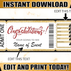 Editable Ticket Template, Congratulations Ticket, Birthday Gift Ideas, Retirement Gifts, Printable Concert Ticket,