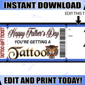 Tattoo Geschenkkarte Vatertag Tattoo druckbare Zertifikat Editierbare Tattoo Geschenk druckbare Tickets. Vatertag Tattoo Geschenk