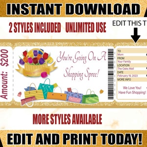 May include: A printable gift certificate template with a gold background and a floral design. The text reads "You're Going On A Shopping Spree!" and "Amount: $200".