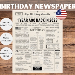 1st Birthday Newspaper Sign, 1st Birthday Gift, What Happened in 2023, Birth Year Gifts, Party Sign, Time Capsule Item, Instant Download