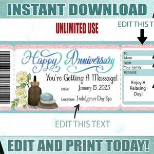 Massage Anniversary Gift Ticket Massage Printable Certificate Editable Massage Gift Certificate  Printable Tickets. Surprise Massage Voucher